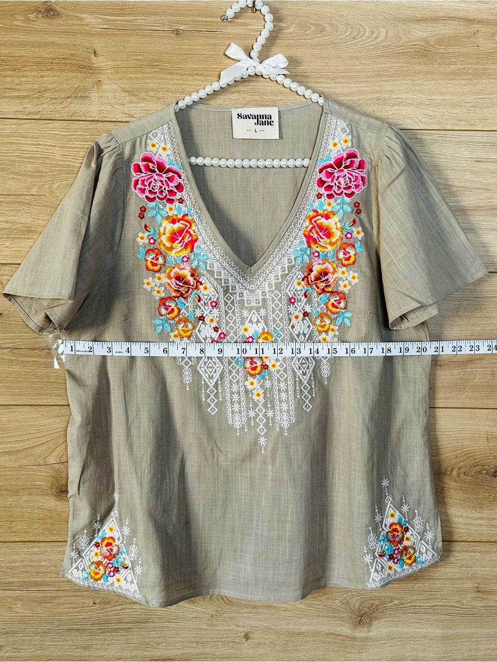 Savanna Jane Gray V-Neck Tunic with Pink, Yellow & Blue Floral Embroidery - Picture 10 of 12